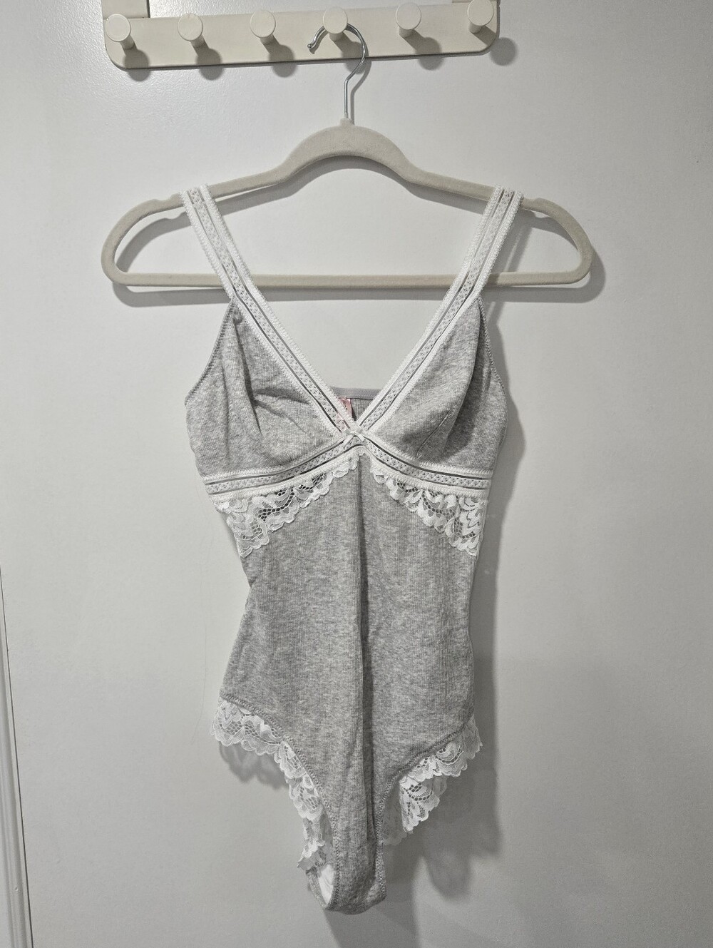 NWT La Vie en Rose Grey Bodysuit with White Lace Trim